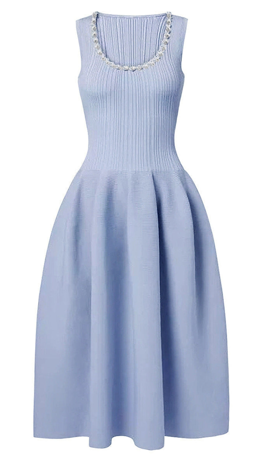 Blue Ribbed Knit Diamante Midi Dress