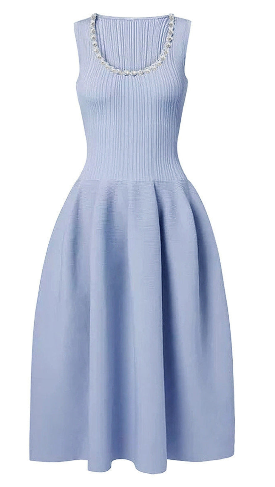 BLUE RIBBED KNIT DIAMANTE MIDI DRESS