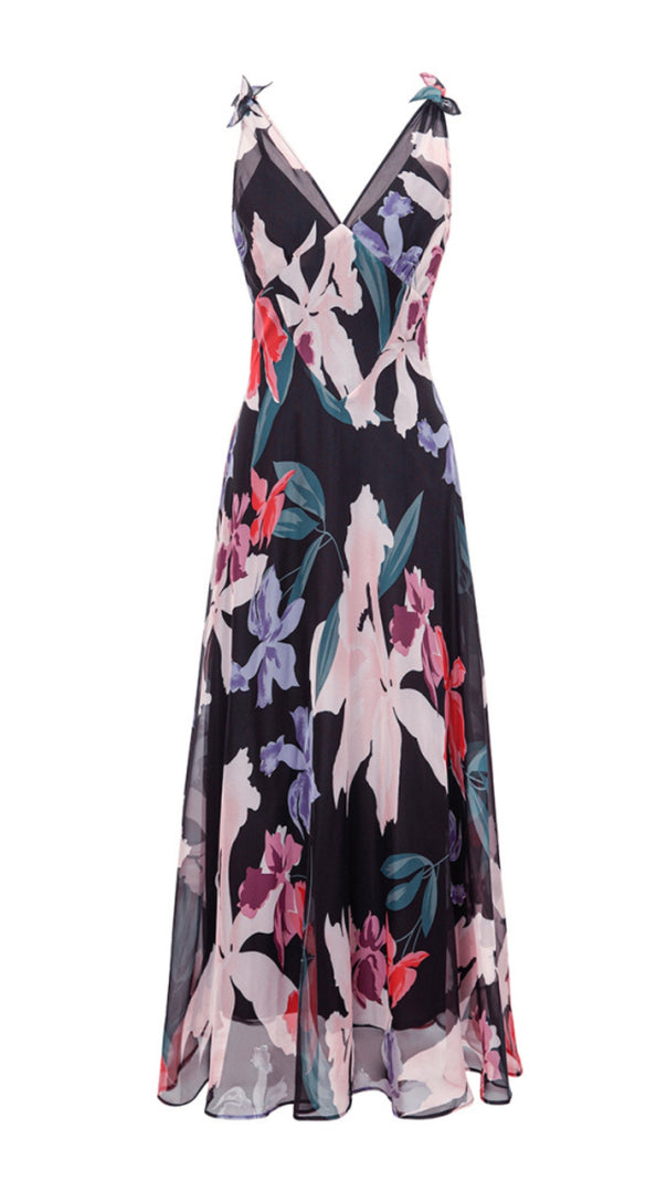 AIIZIE ELEGANT FLORAL CHIFFON MAXI DRESS WITH BOW STRAPS - product image