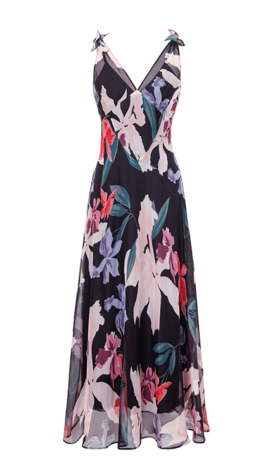 ELEGANT FLORAL CHIFFON MAXI DRESS WITH BOW STRAPS