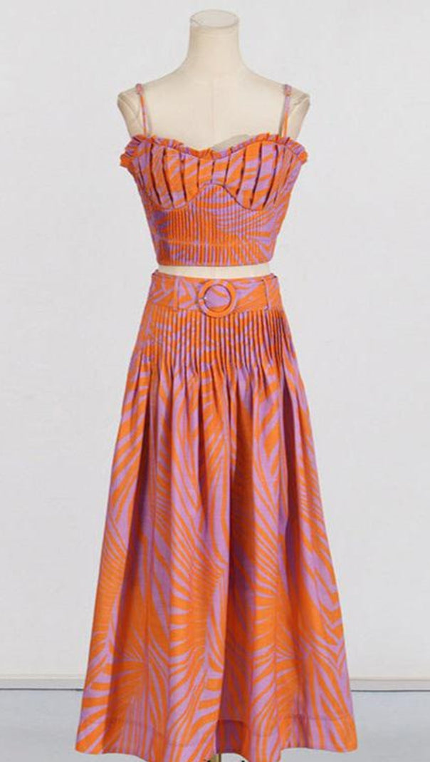 AIIZIE PLEATED FLORAL-PRINT LINEN BUSTIER TOP SKIRT SET IN BLUE - product image