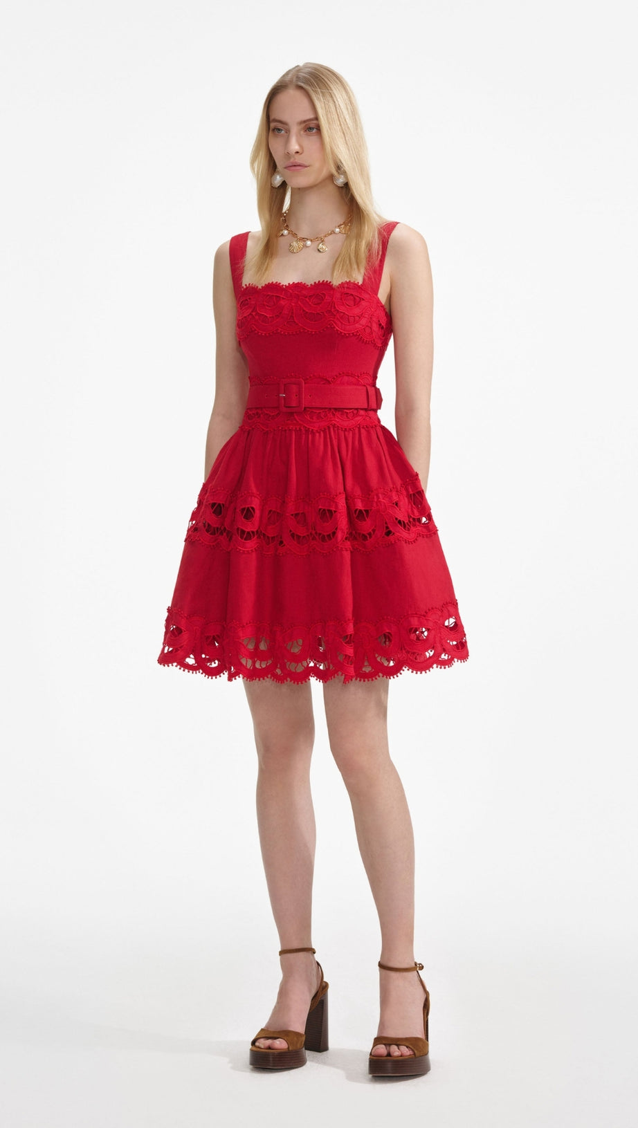 LINEN LACE INSERT MINI DRESS IN RED