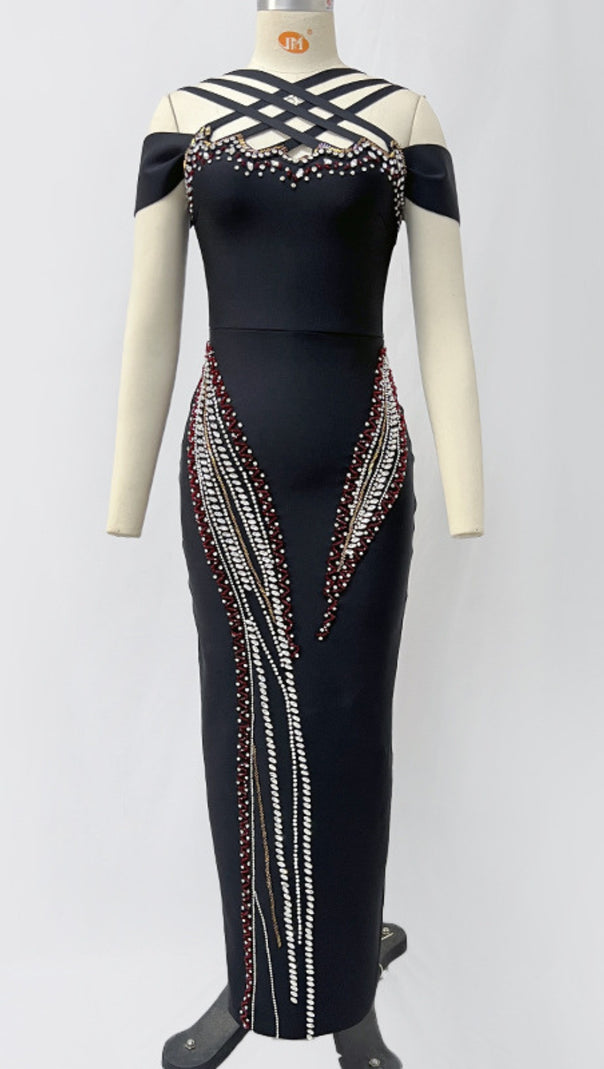 AIIZIE OFF SHOULDER CRISSCROSS RHINESTONE EMBELLISHED MIDI DRESS IN BLACK - product image