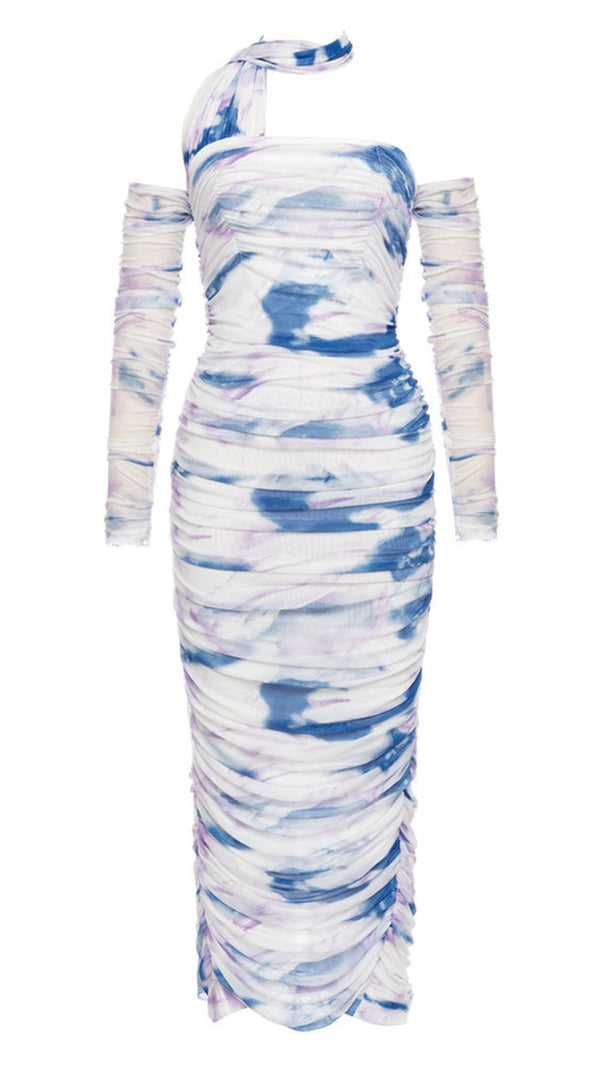 AIIZIE TIE - DYE ONE - SHOULDER RUCHED MIDI DRESS IN BEIGE AND BLUE - product image