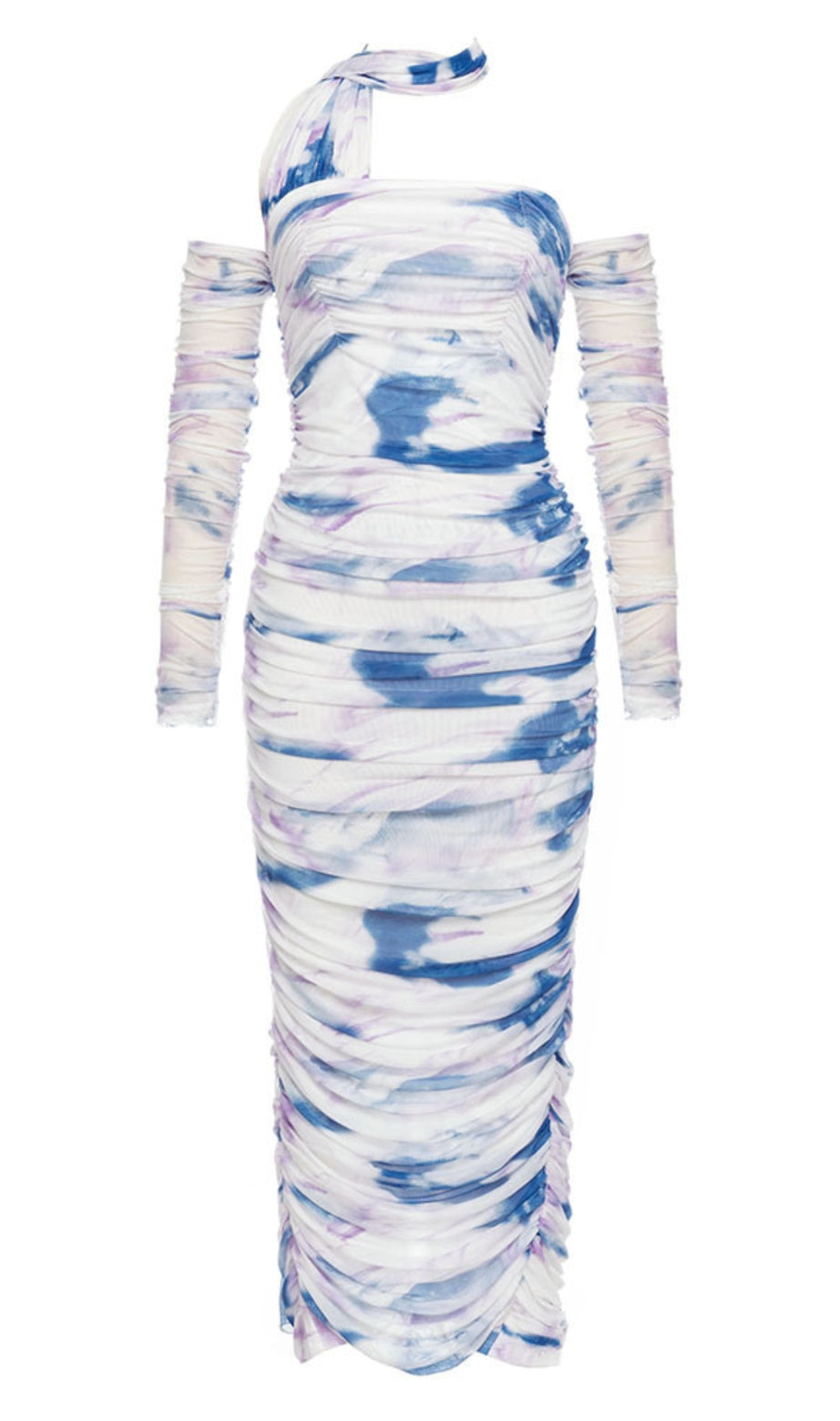 Tie - Dye One - Shoulder Ruched Midi Dress in Beige And Blue