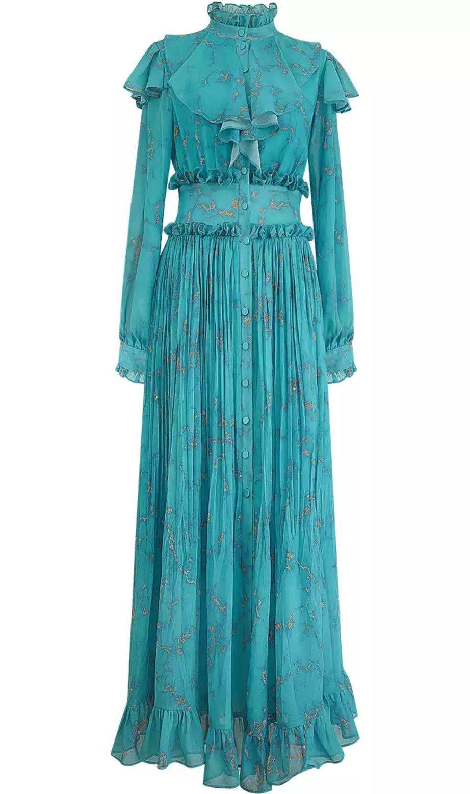 Elegantes blaugrünes Maxikleid mit Blumenmuster, Rüschen und Knöpfen 