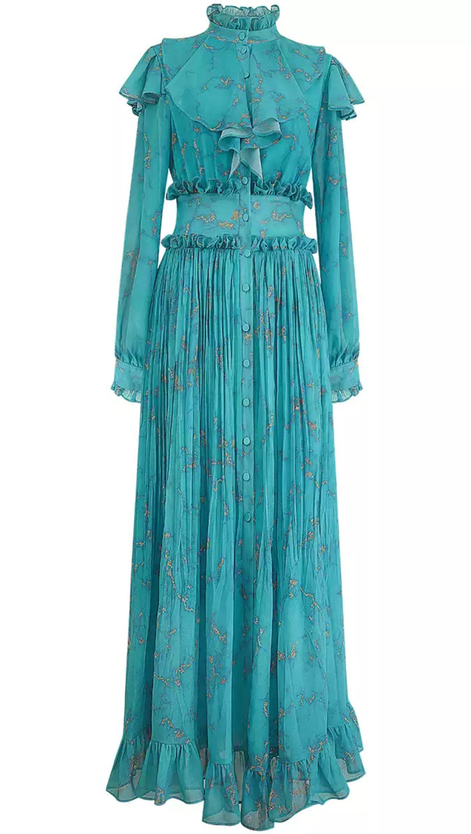 ELEGANT TEAL FLORAL MAXI DRESS WITH RUFFLES AND BUTTONS