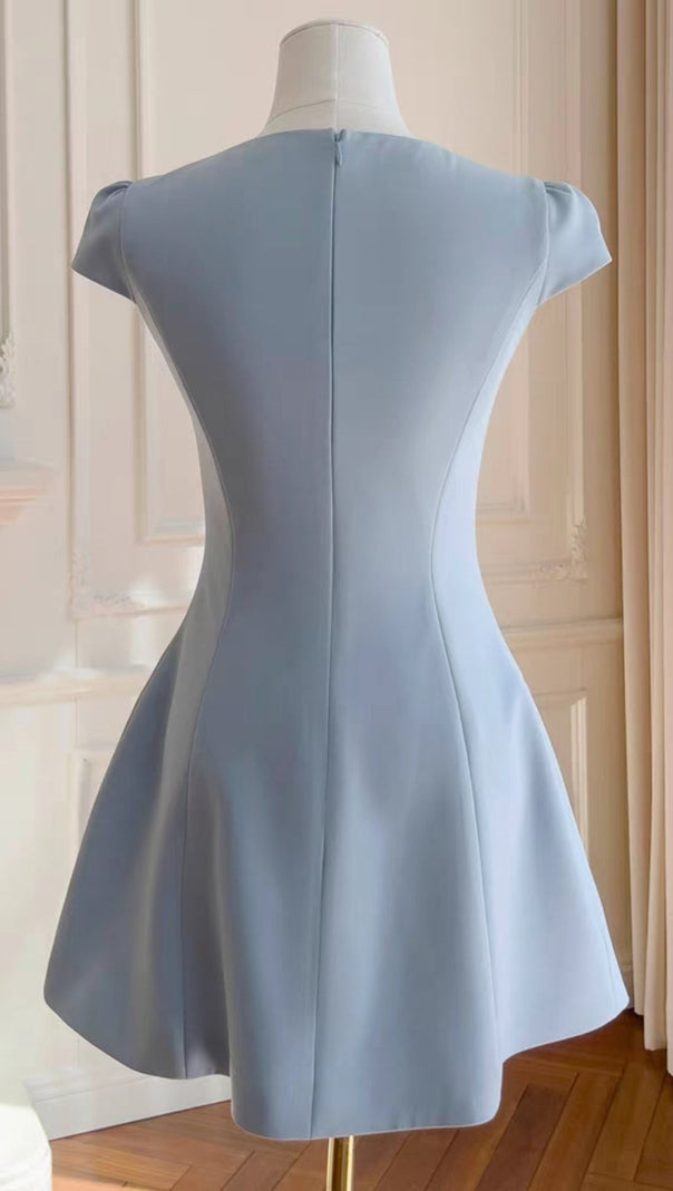 AIIZIE BOW SHORT SLEEVE MINI DRESS IN BLUE - product image