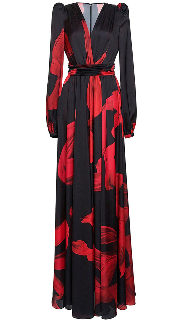 AIIZIE BLACK MAXI DRESS WITH RED PRINTS, PUFF SLEEVES & V - NECK - product image