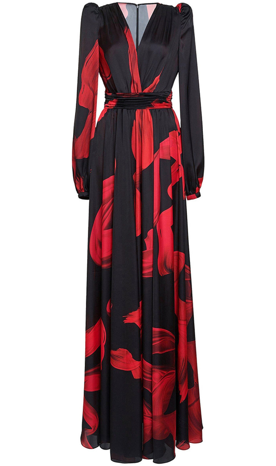Black Maxi Dress with Red Prints, Puff Sleeves & V - neck