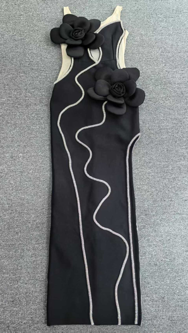 AIIZIE DIAMOND 3D FLOWER SEQUIN BANDAGE MAXI DRESS IN BLACK - product image
