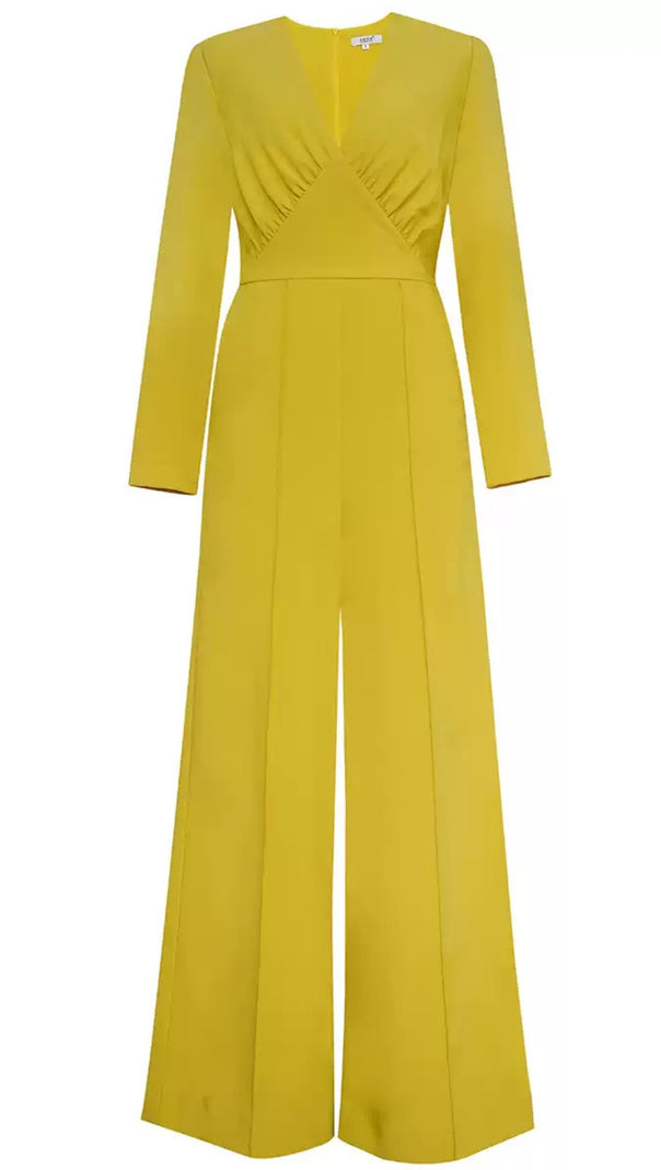 AIIZIE YELLOW V - NECK LONG - SLEEVE WIDE - LEG JUMPSUIT - product image