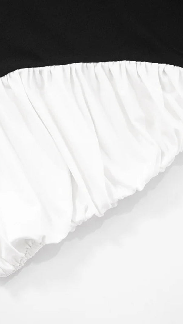 AIIZIE BLACK-WHITE PANEL SLEEVELESS GATHERED HALTER MINI DRESS - product image