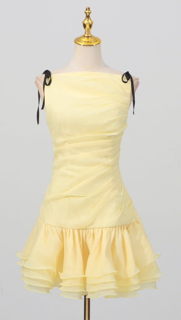 AIIZIE RUCHED RUFFLE HEM SLEEVELESS MINI DRESS IN YELLOW - product image
