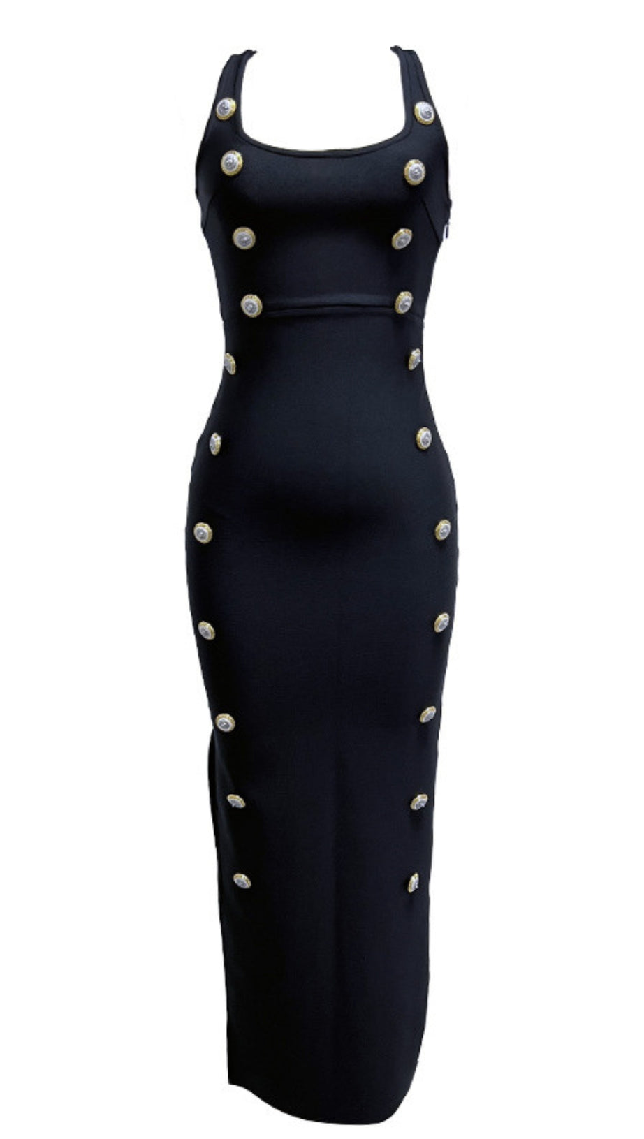 SQUARE - NECK BUTTON - EMBELLISHED MIDI DRESS IN BLACK
