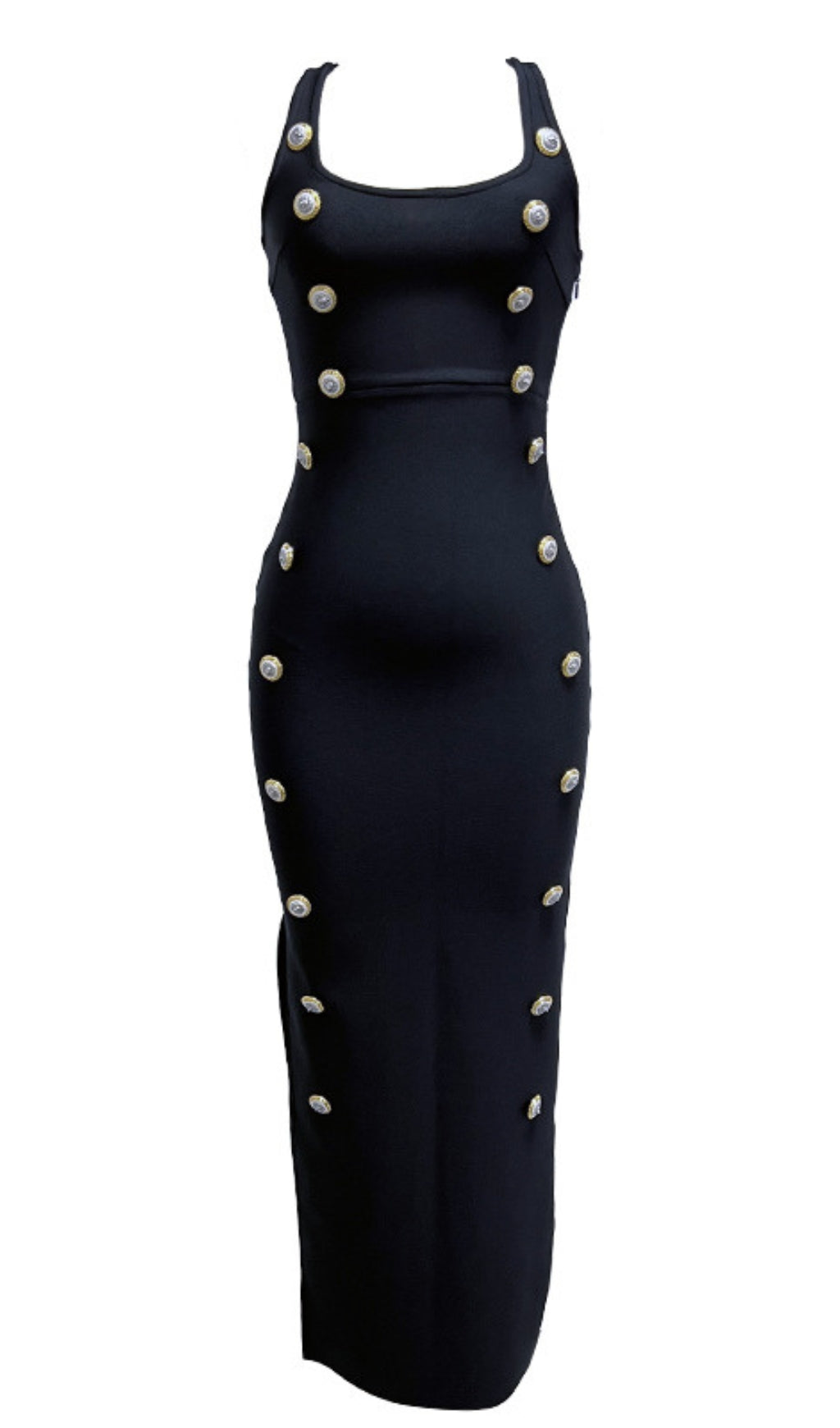 SQUARE - NECK BUTTON - EMBELLISHED MIDI DRESS IN BLACK
