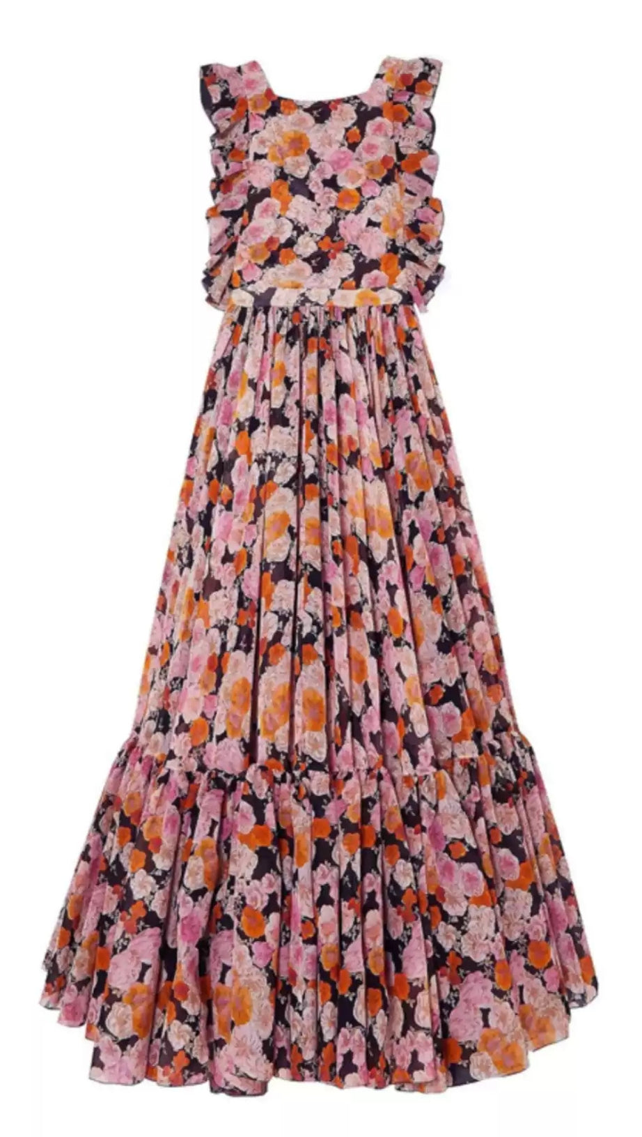 FLORAL PRINT RUFFLED MAXI DRESS WITH SLEEVELESS DESIGN