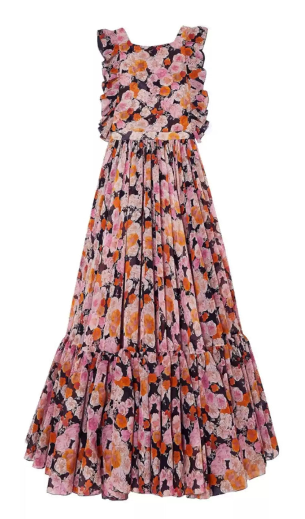 FLORAL PRINT RUFFLED MAXI DRESS WITH SLEEVELESS DESIGN