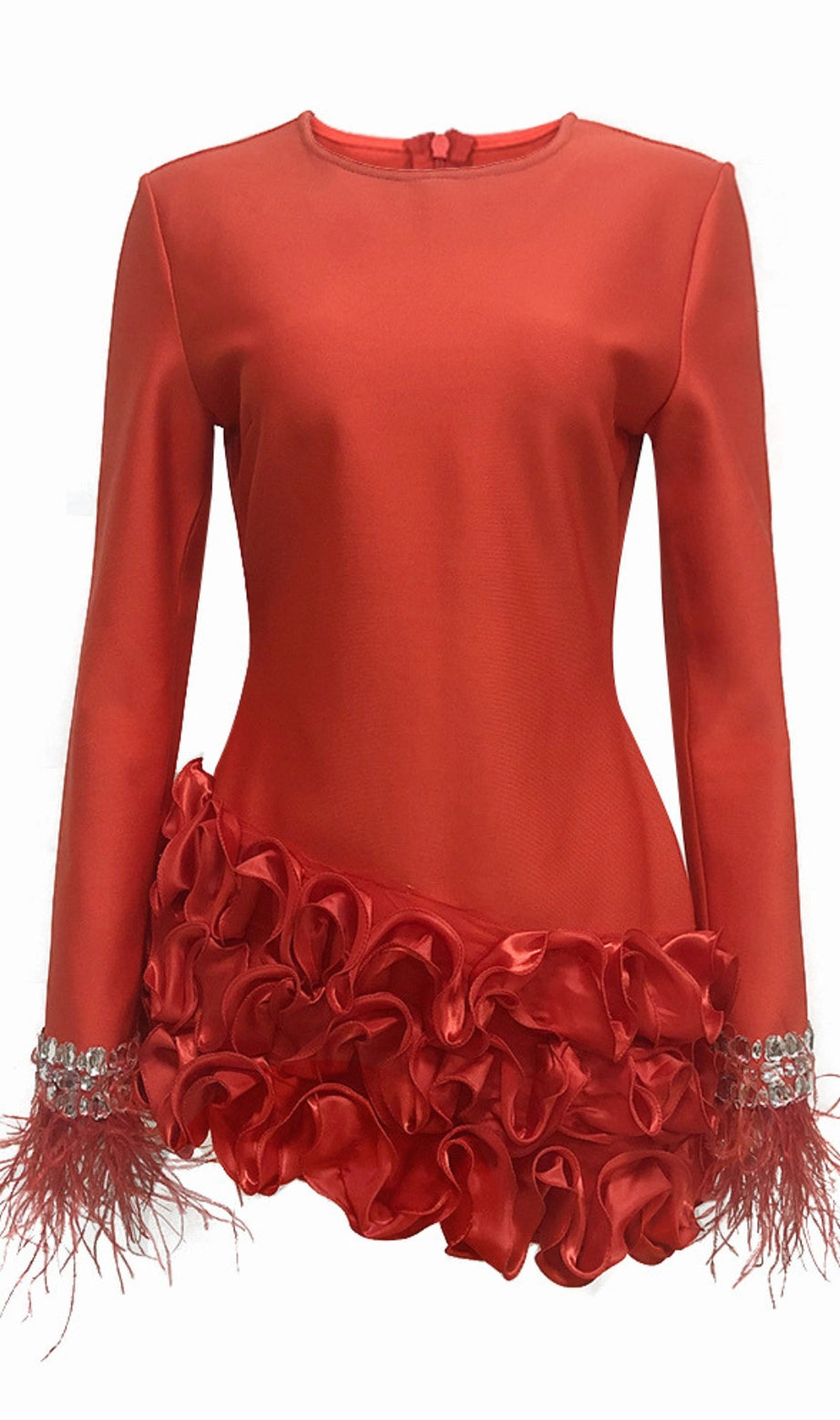 Rhinestone - Feather Ruffle - Hem Long - Sleeve Mini Dress in  Red