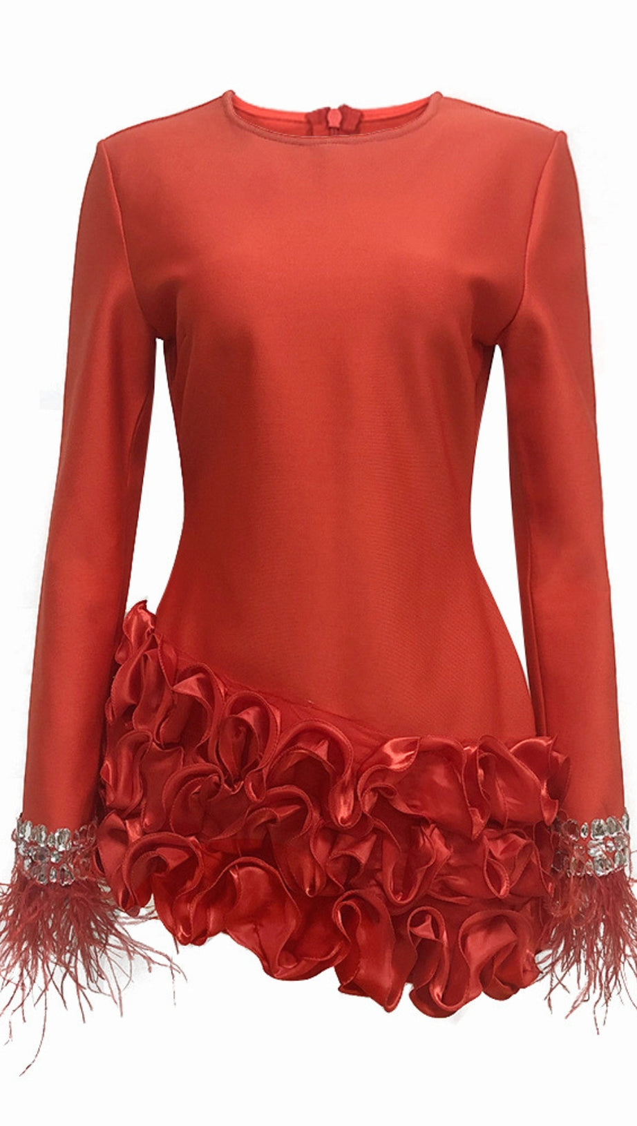 RHINESTONE - FEATHER RUFFLE - HEM LONG - SLEEVE MINI DRESS IN  RED