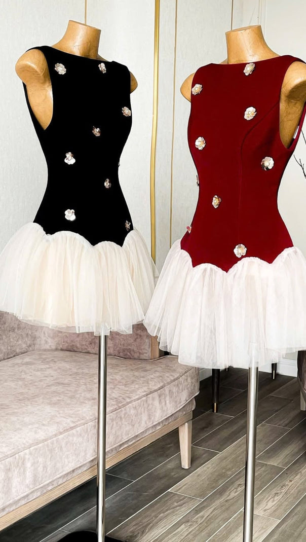 AIIZIE BERYL 3D FLOWER PATCHWORK TULLE MINI DRESS IN RED - product image