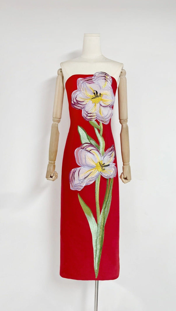AIIZIE SUZANNE APPLIQUÉ FLORAL BUSTIER MAXI DRESS IN RED - product image