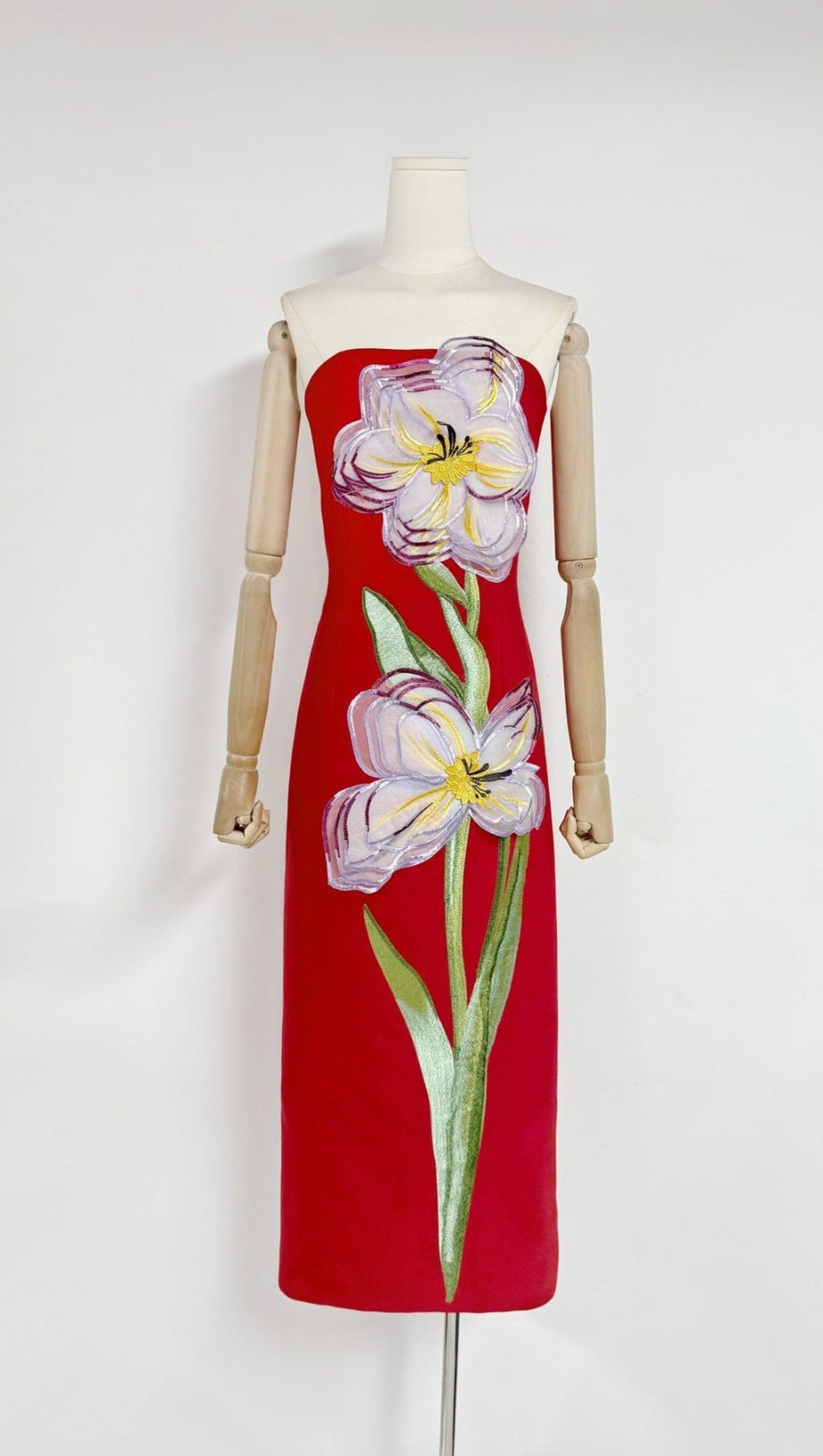 SUZANNE APPLIQUÉ FLORAL BUSTIER MAXI DRESS IN RED