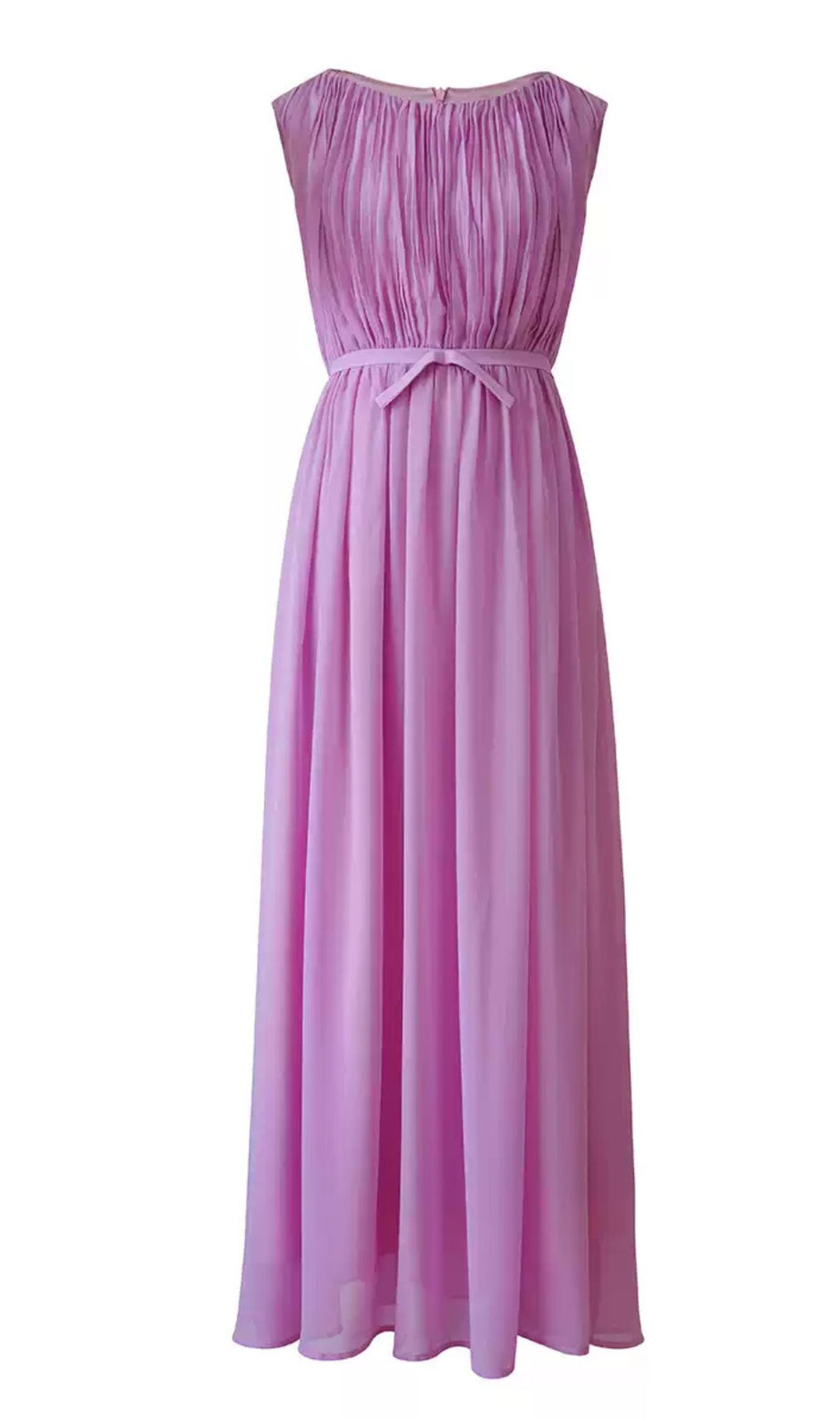 Elegante abito lungo lilla con cintura a fiocco e corpetto plissettato 