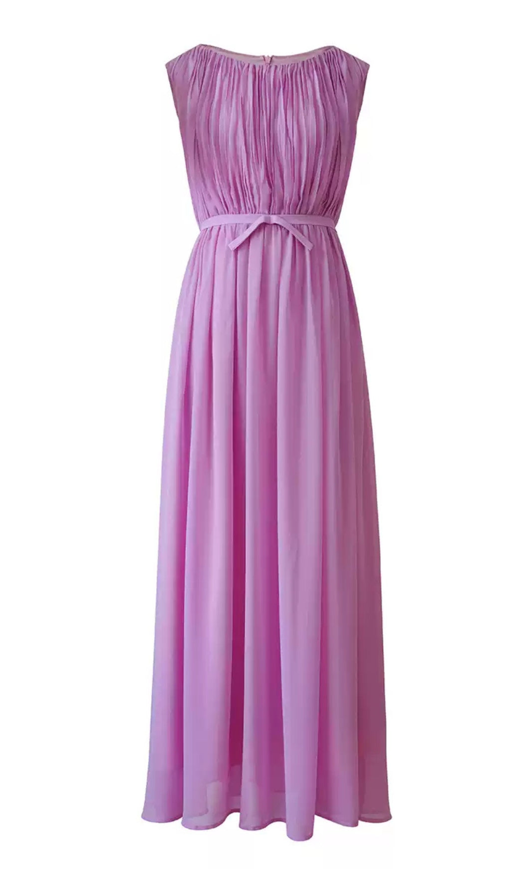 ELEGANT LILAC MAXI DRESS WITH BOW BELT AND PLEATED BODICE