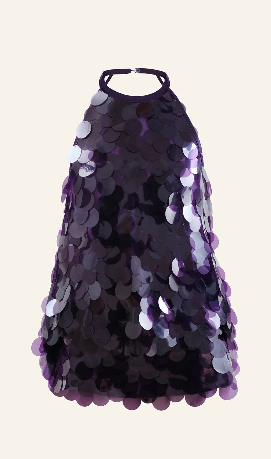 mini abito shirley con paillettes e schiena scoperta in viola