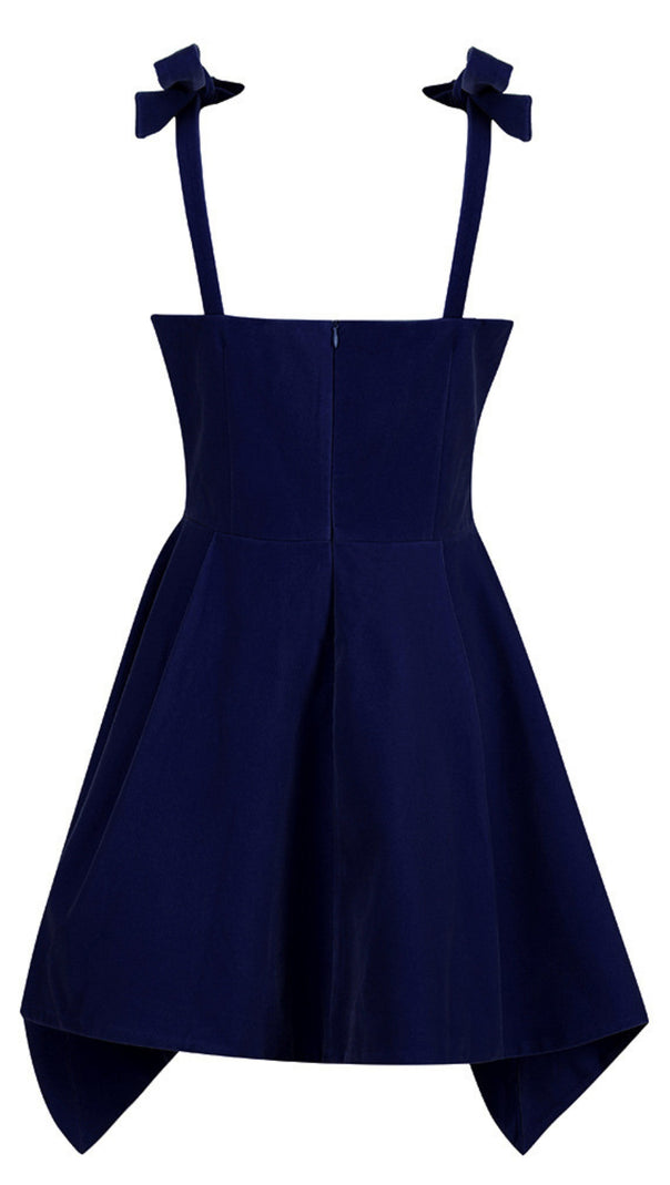 AIIZIE BOW - STRAP V - NECK ASYMMETRIC MINI DRESS IN NAVY BLUE - product image