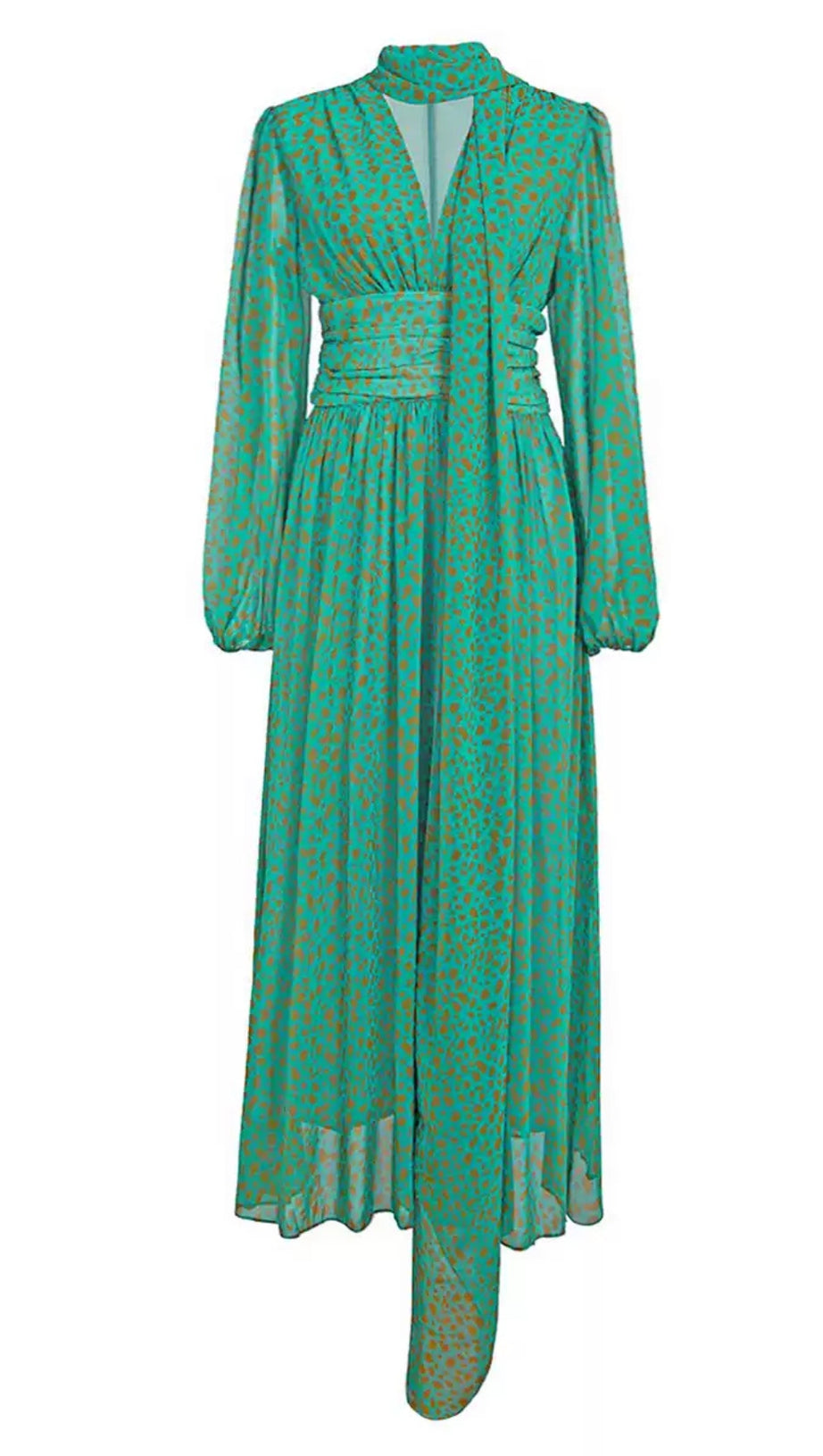 TEAL LEOPARD PRINT CHIFFON MAXI DRESS WITH TIE NECKLINE
