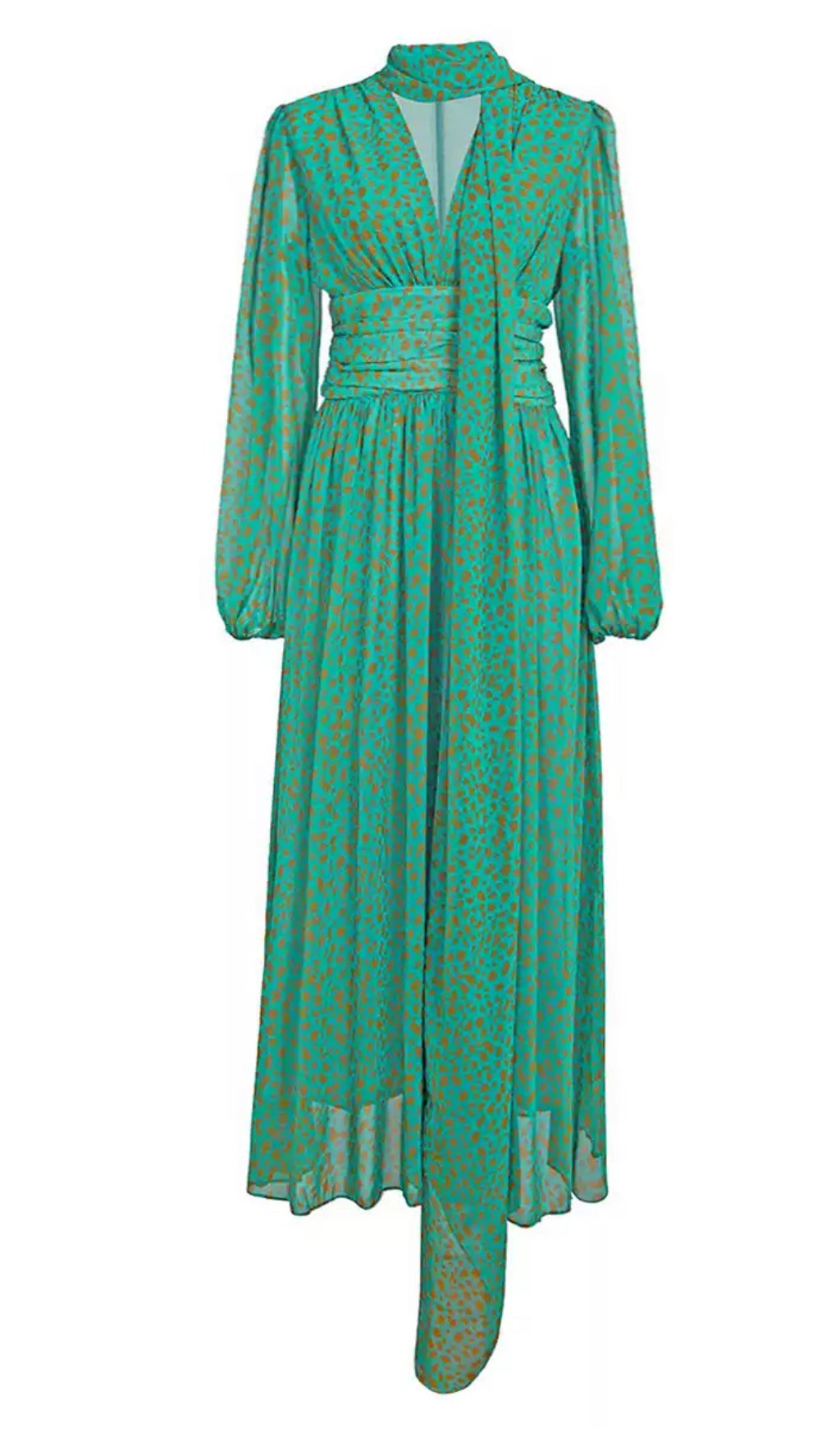 TEAL LEOPARD PRINT CHIFFON MAXI DRESS WITH TIE NECKLINE