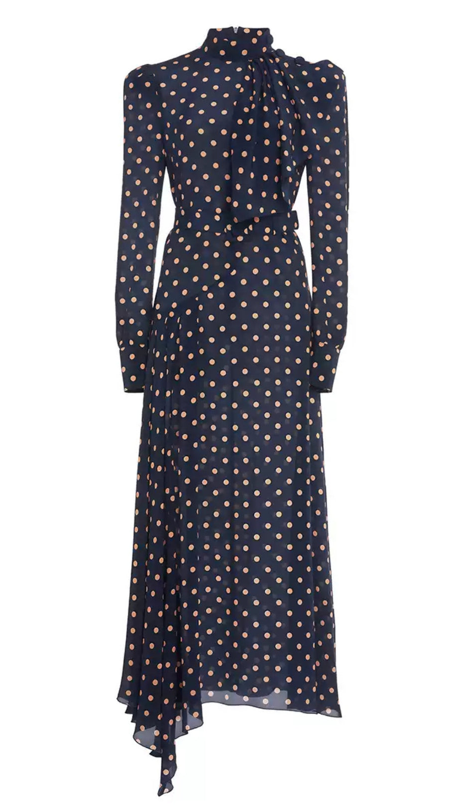 ELEGANT POLKA DOT MIDI DRESS WITH TIE NECKLINE AND BELT
