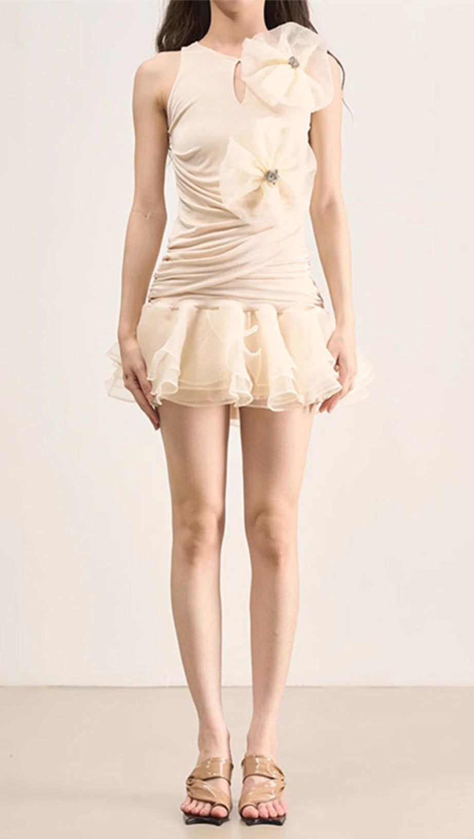 ROUND NECK SLEEVELESS RUFFLED MINI DRESS