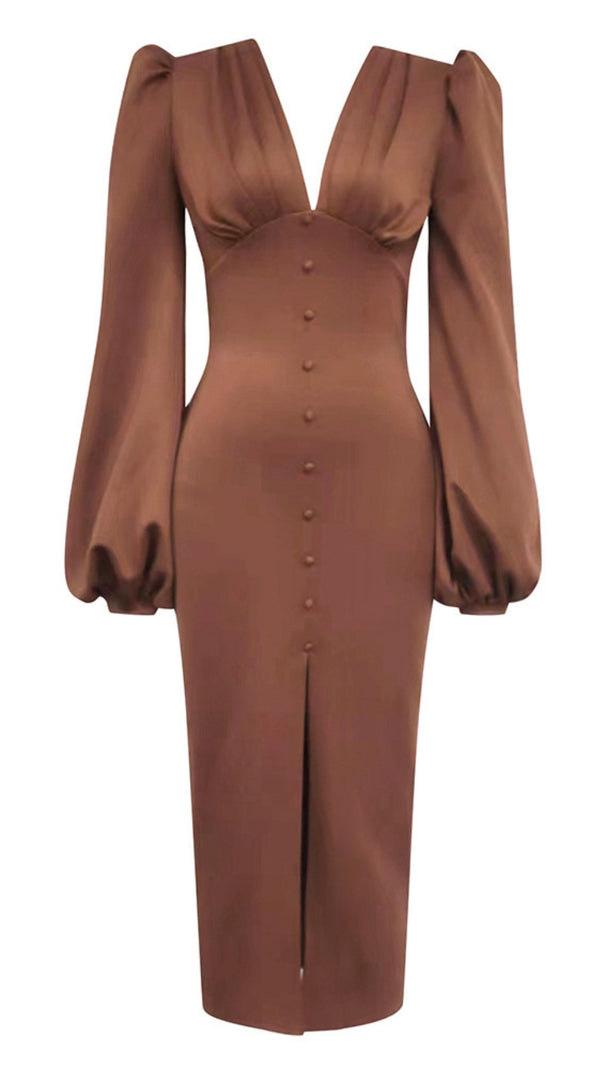 AIIZIE V - NECK PUFF - SLEEVE BUTTON - FRONT SLIT MIDI DRESS IN BROWN - product image