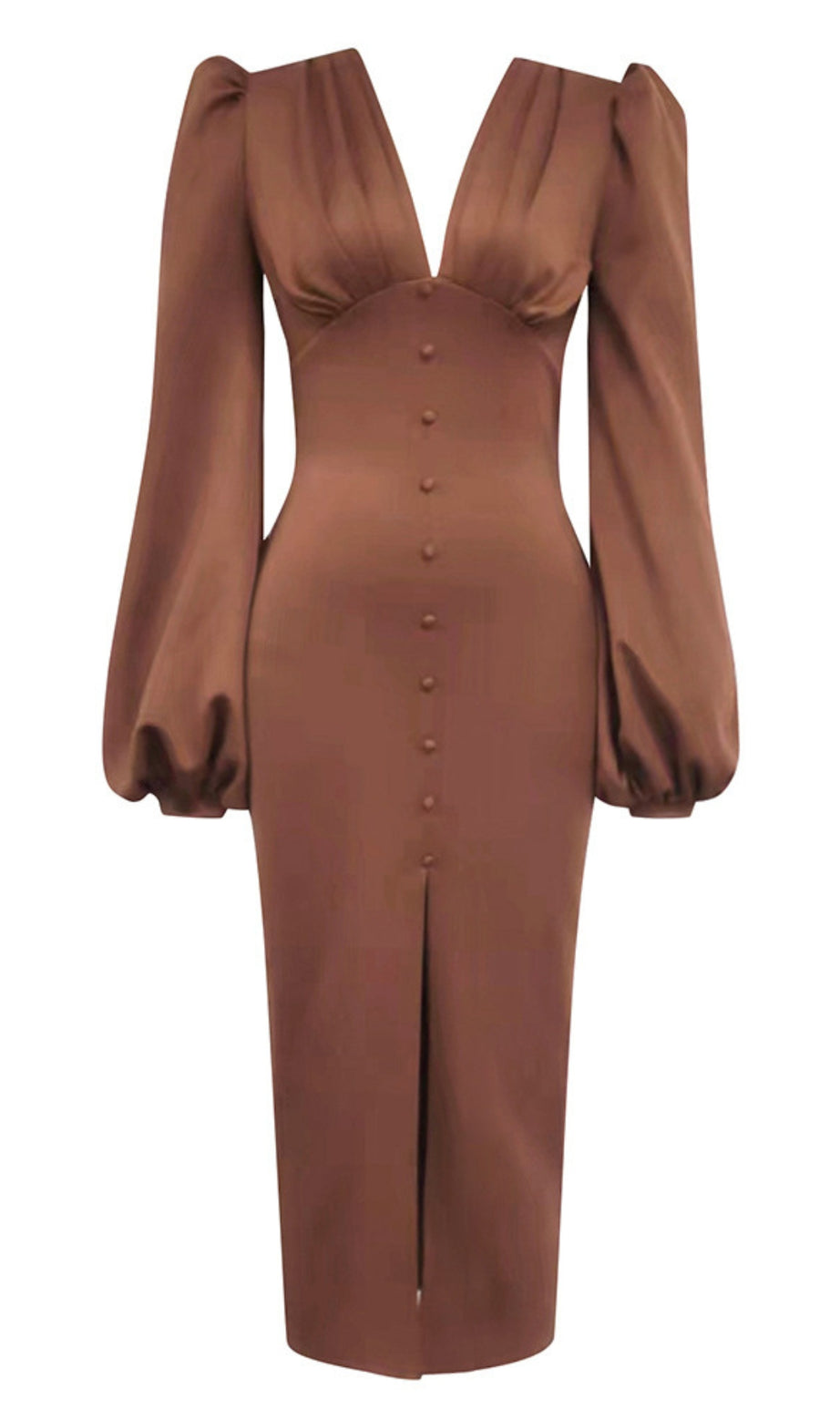 V - Neck Puff - Sleeve Button - Front Slit Midi Dress in Brown