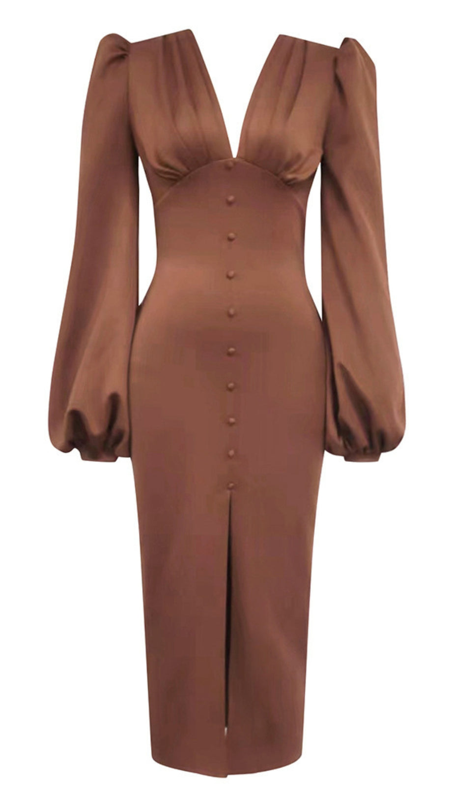 V - NECK PUFF - SLEEVE BUTTON - FRONT SLIT MIDI DRESS IN BROWN