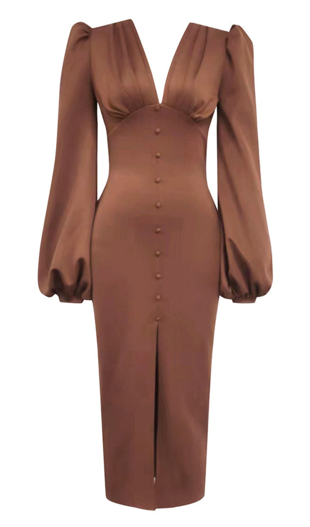 V - NECK PUFF - SLEEVE BUTTON - FRONT SLIT MIDI DRESS IN BROWN