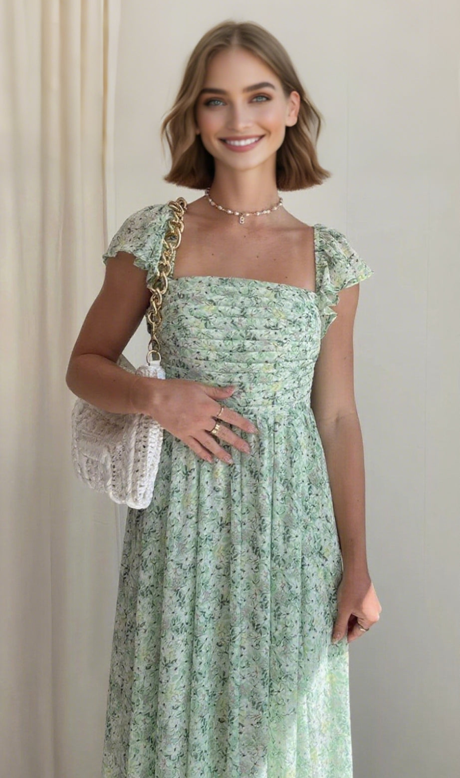 MIDIKLEID MIT BLUMENMUSTER UND KALTEN ÄRMELN IN GRÜN