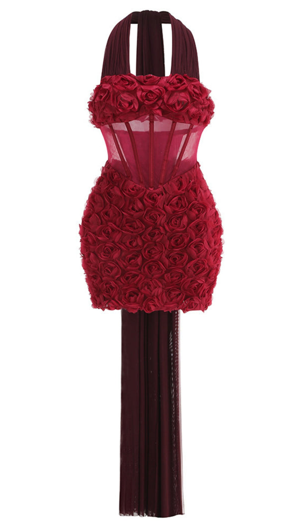 AIIZIE RED FLORAL APPLIQUE HALTER NECK MINI DRESS - product image