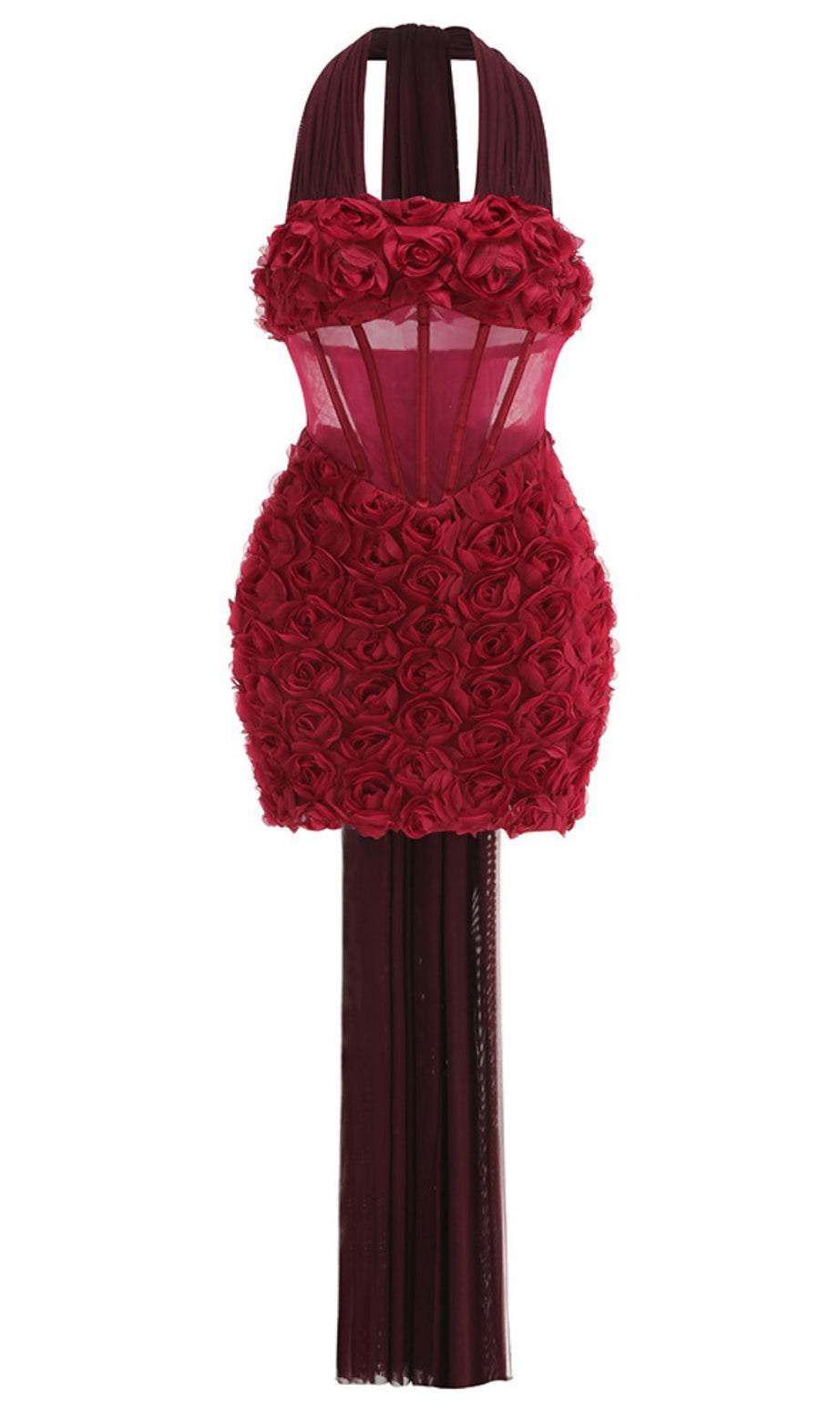 Red Floral Applique Halter Neck Mini Dress