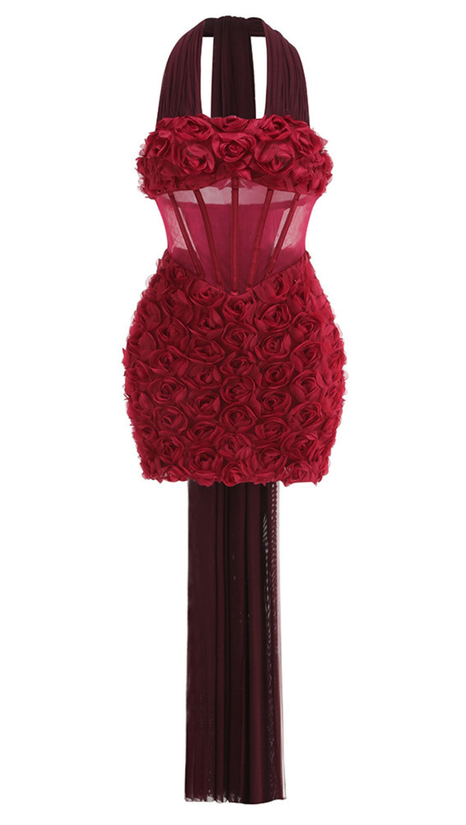 Rotes Neckholder-Minikleid mit Blumenapplikation 