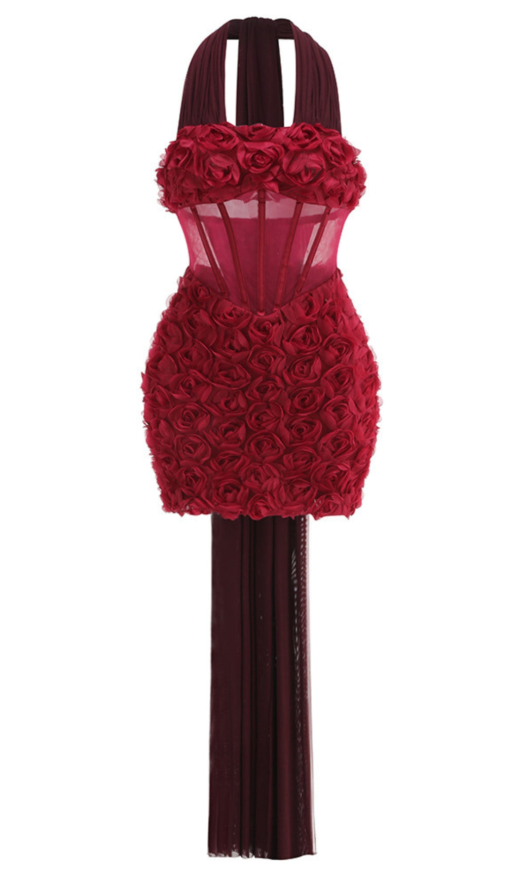 Rotes Neckholder-Minikleid mit Blumenapplikation 