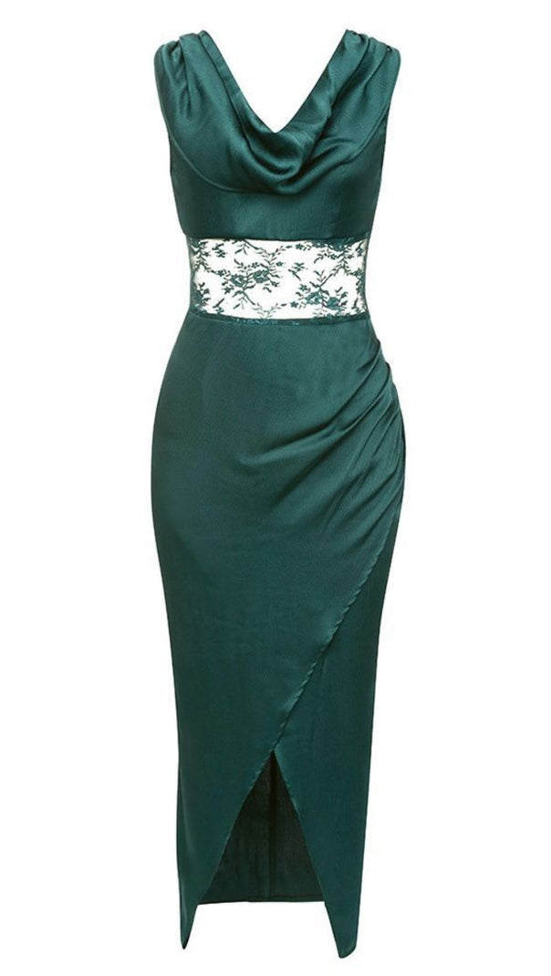 AIIZIE COWL - NECK LACE - BELTED SLIT MIDI DRESS IN DARK GREEN - product image