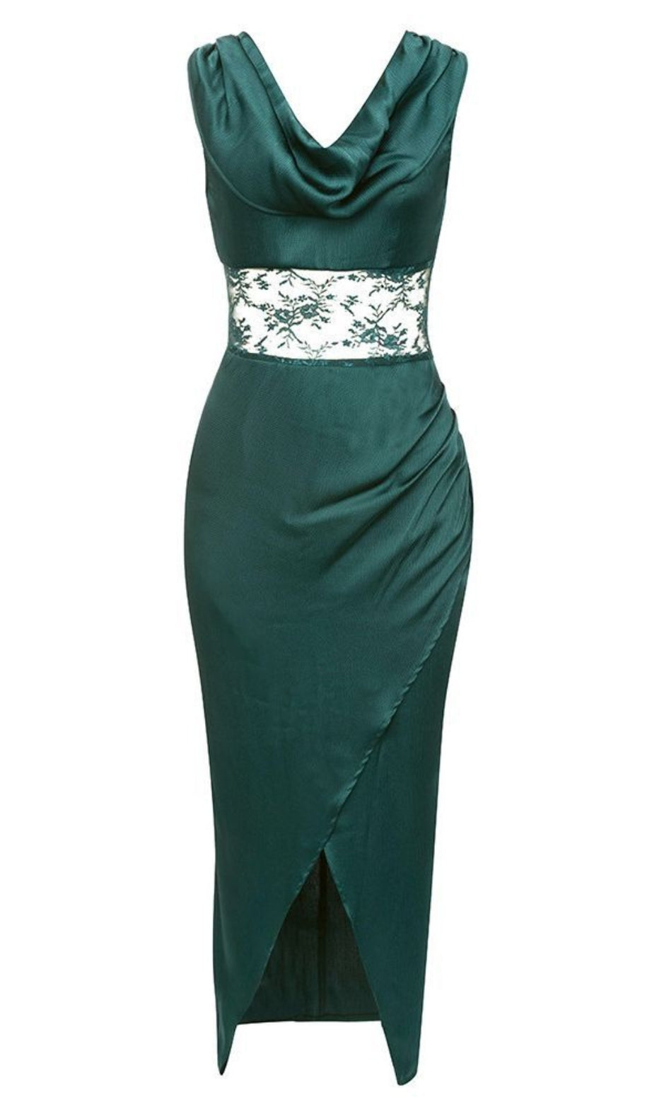 Cowl - Neck Lace - Belted Slit Midi Dress in Dark Green