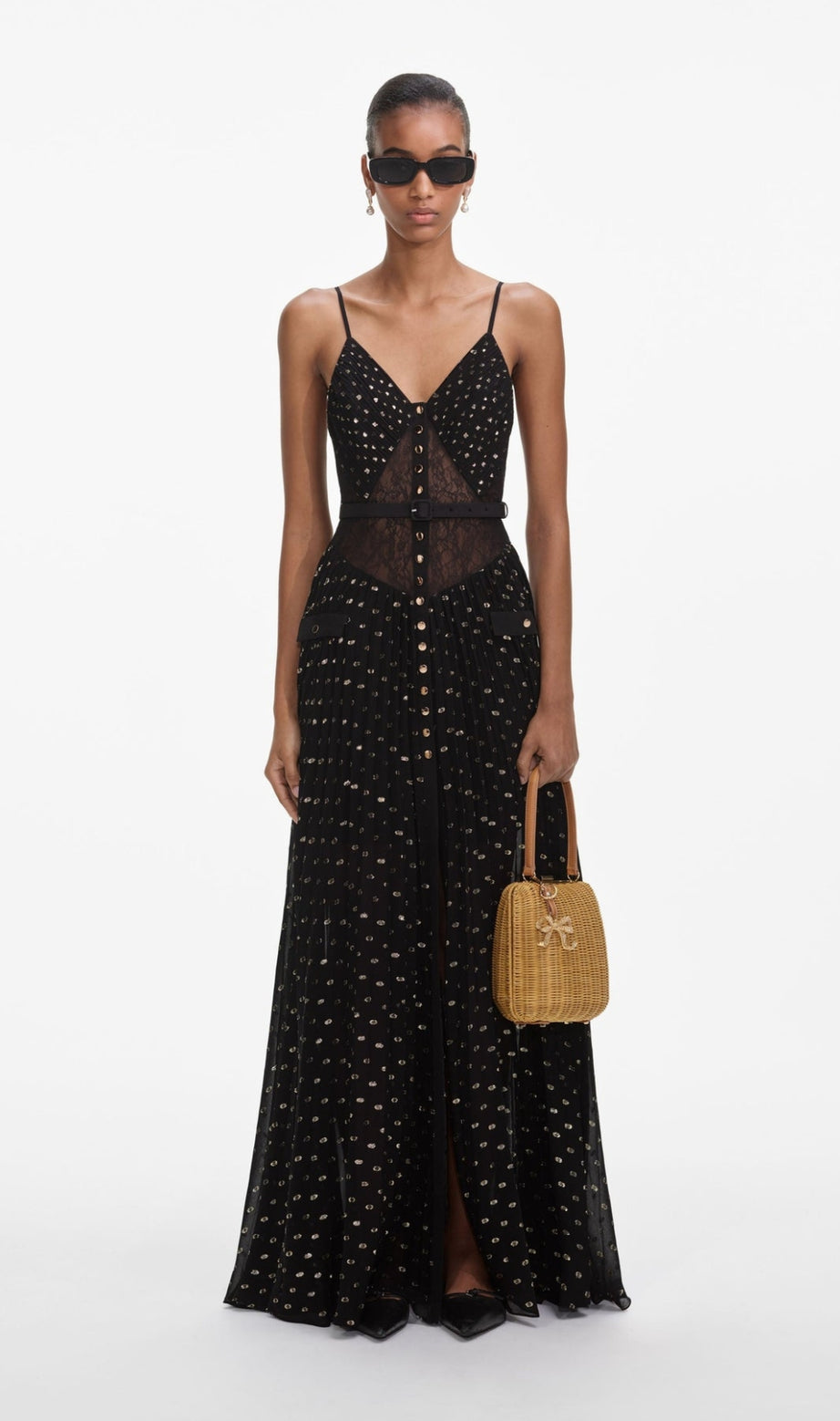 Plissiertes Maxikleid mit Spitzenpunkten und Gürtel