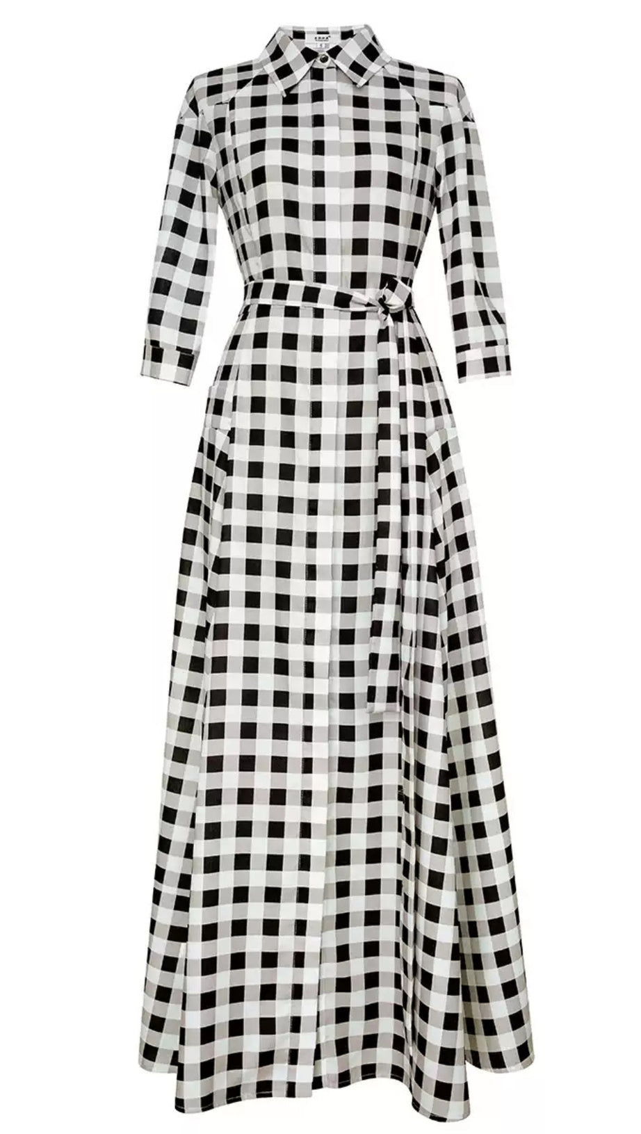 BLACK AND WHITE CHECKERED SHIRT DRESS WITH BELT