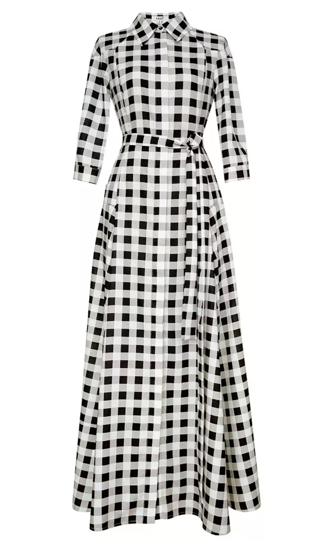 BLACK AND WHITE CHECKERED SHIRT DRESS WITH BELT