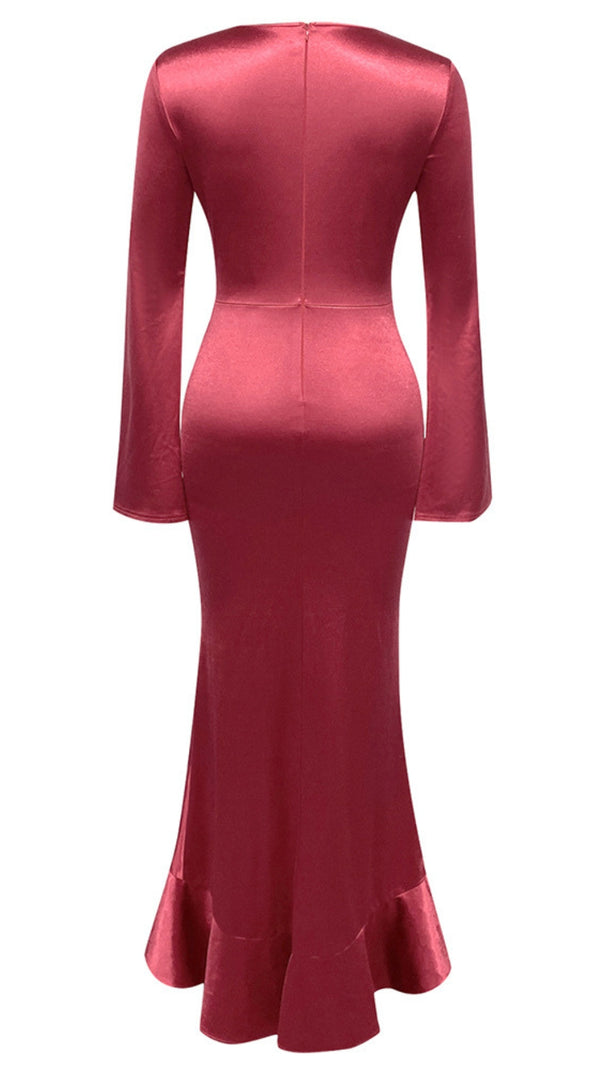 AIIZIE SATIN RUCHED RUFFLE MIDI DRESS IN RED - product image